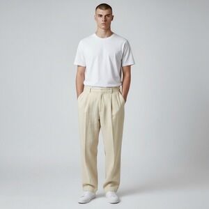 Banana Republic Smithfield Pants Mens 33/32 Cream Linen Pleated Relaxed Trousers